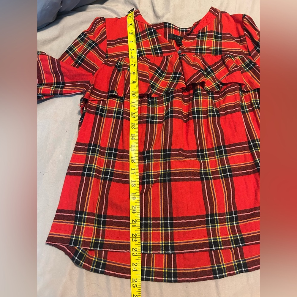 J. Crew Red Ruffle Blouse Tartan Popover Plaid Festive Flannel Sz S 100% Cotton - Picture 10 of 11